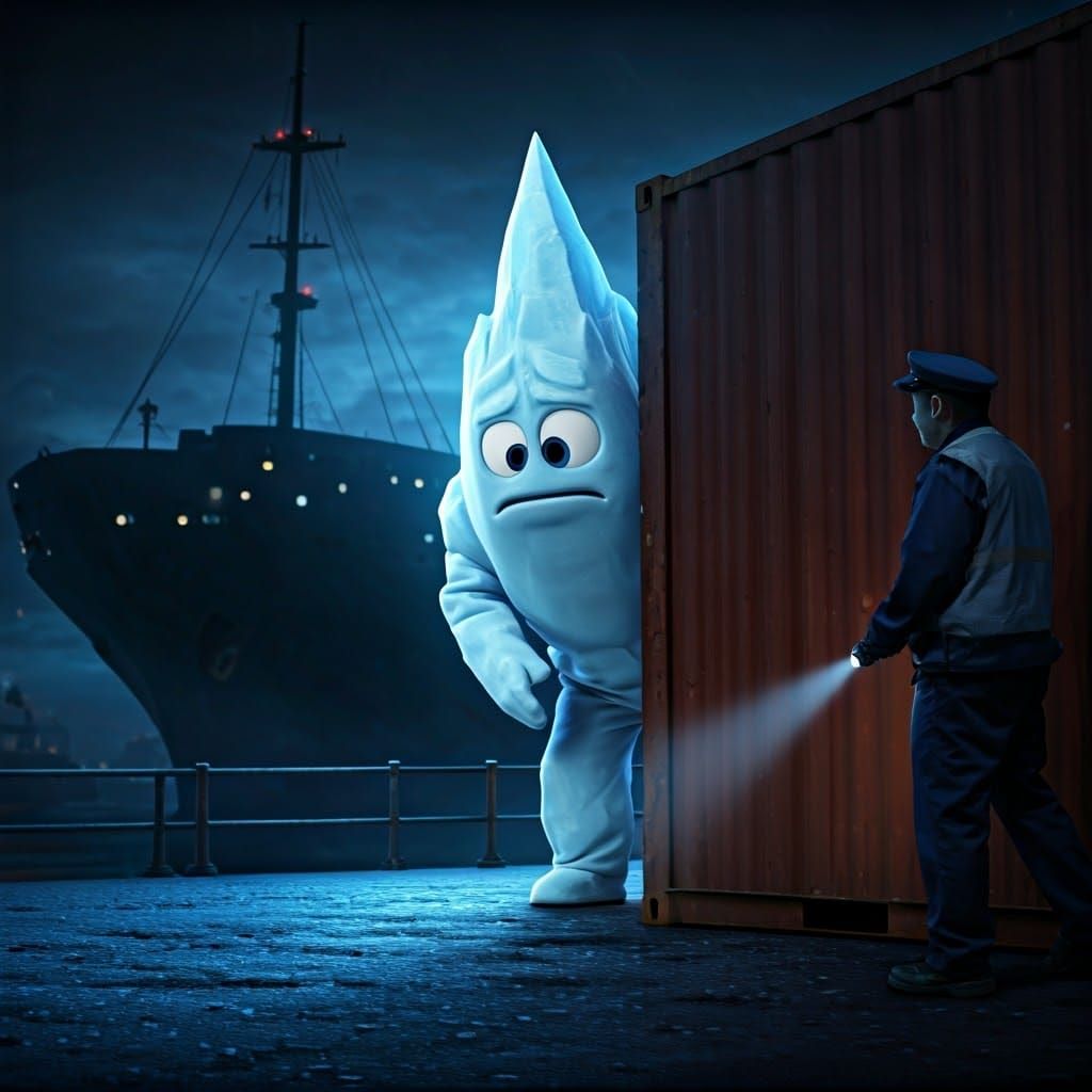 Cartoon Iceberg Sneaking Around Shipyard at Night
