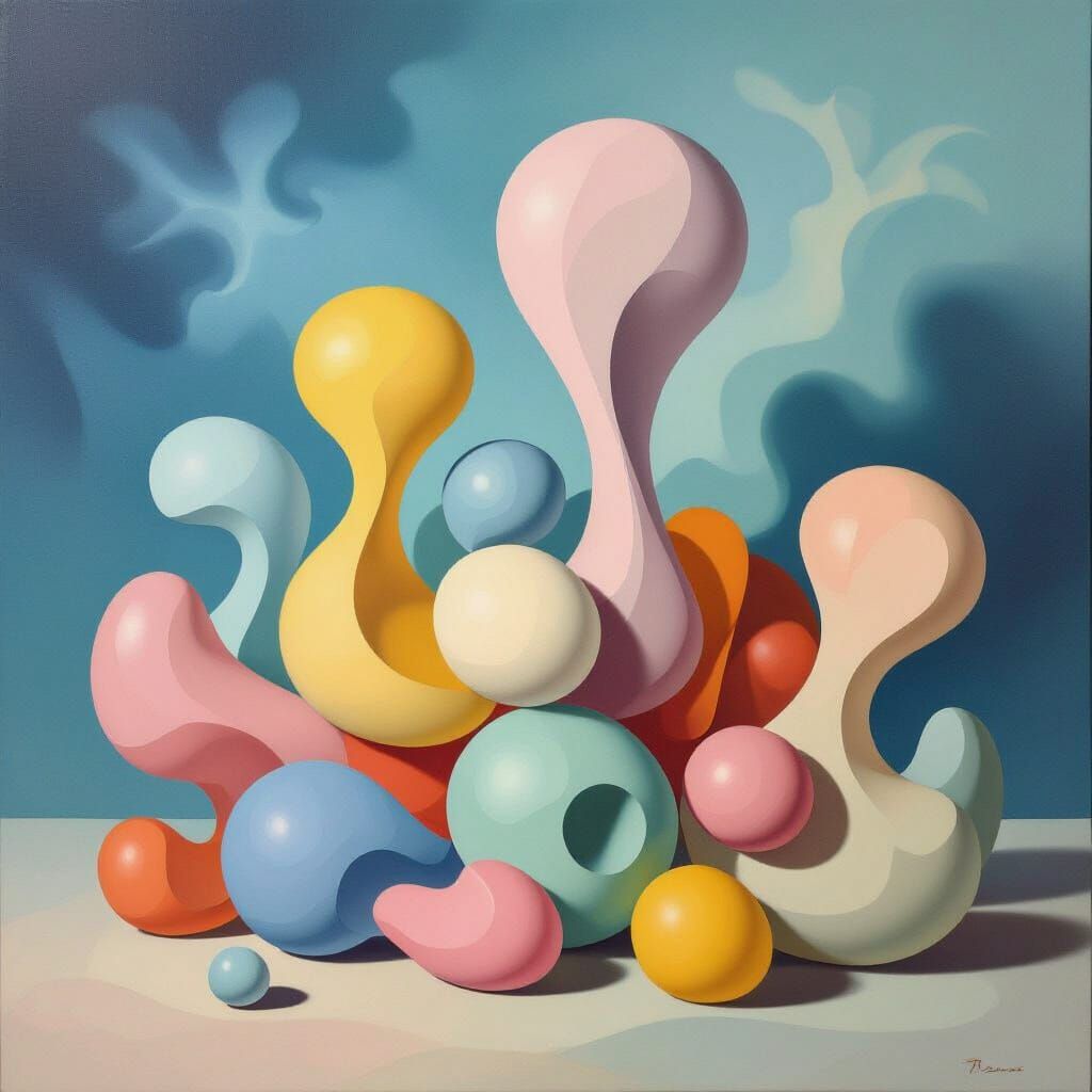 Surreal Oil Painting of Abstract Organic Shapes in Pastel Hu...