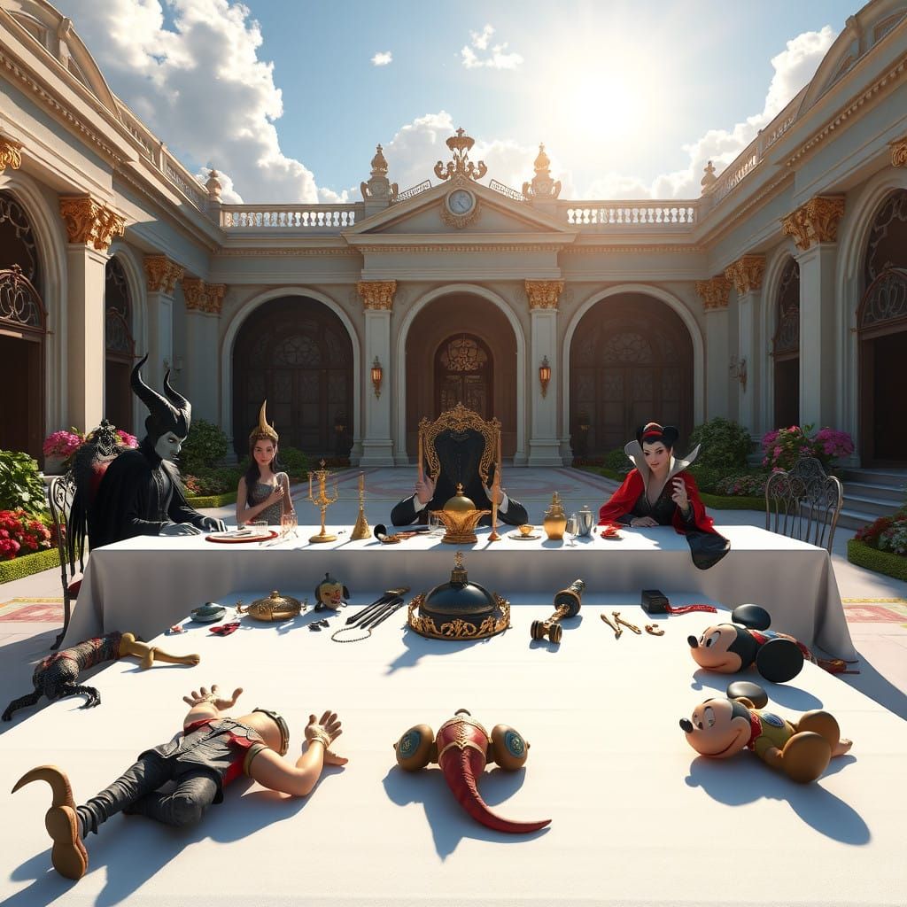 Disney Villains Seated at Opulent Table in Palace Garden