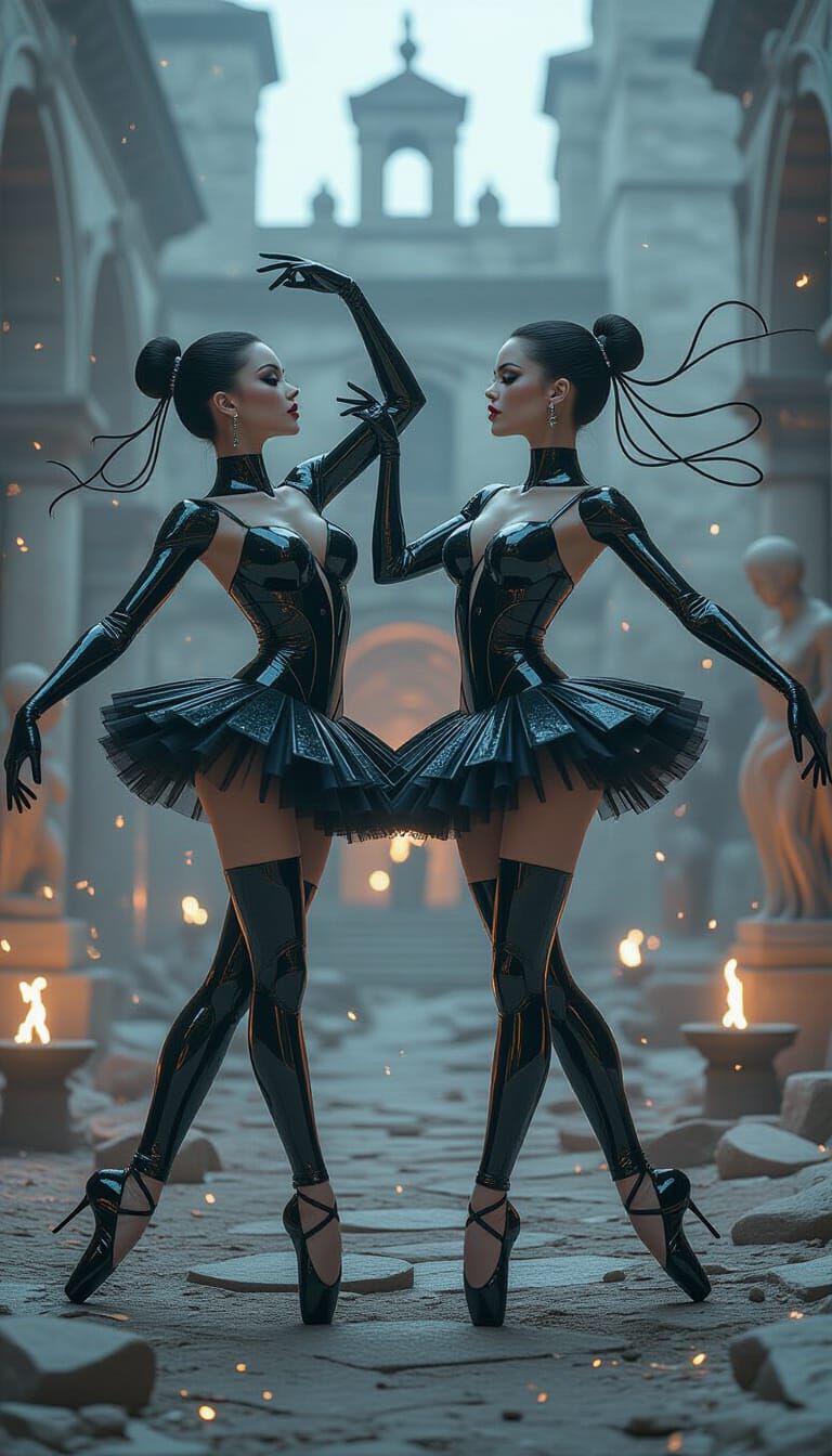 Ballerina twins dancing in ruins