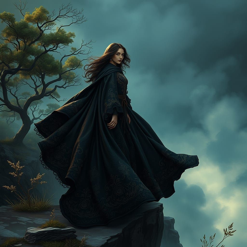 Regal Gothic Fantasy Woman on Windswept Cliffside