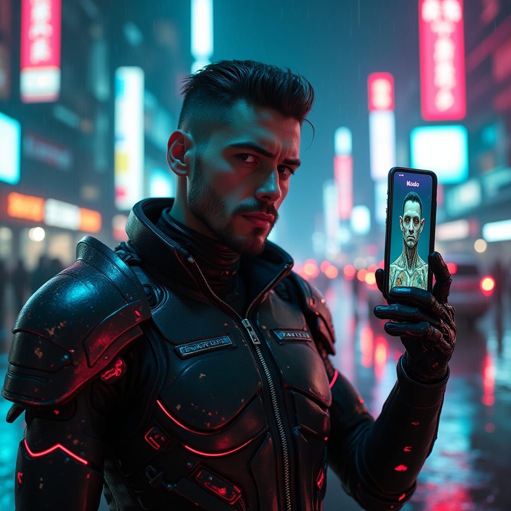Cyberpunk Warrior Selfie in Dystopian Cityscape