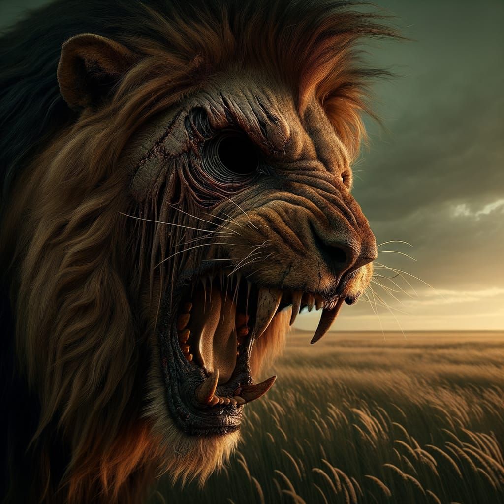 Fierce Lion with Scar in Savannah Sunset