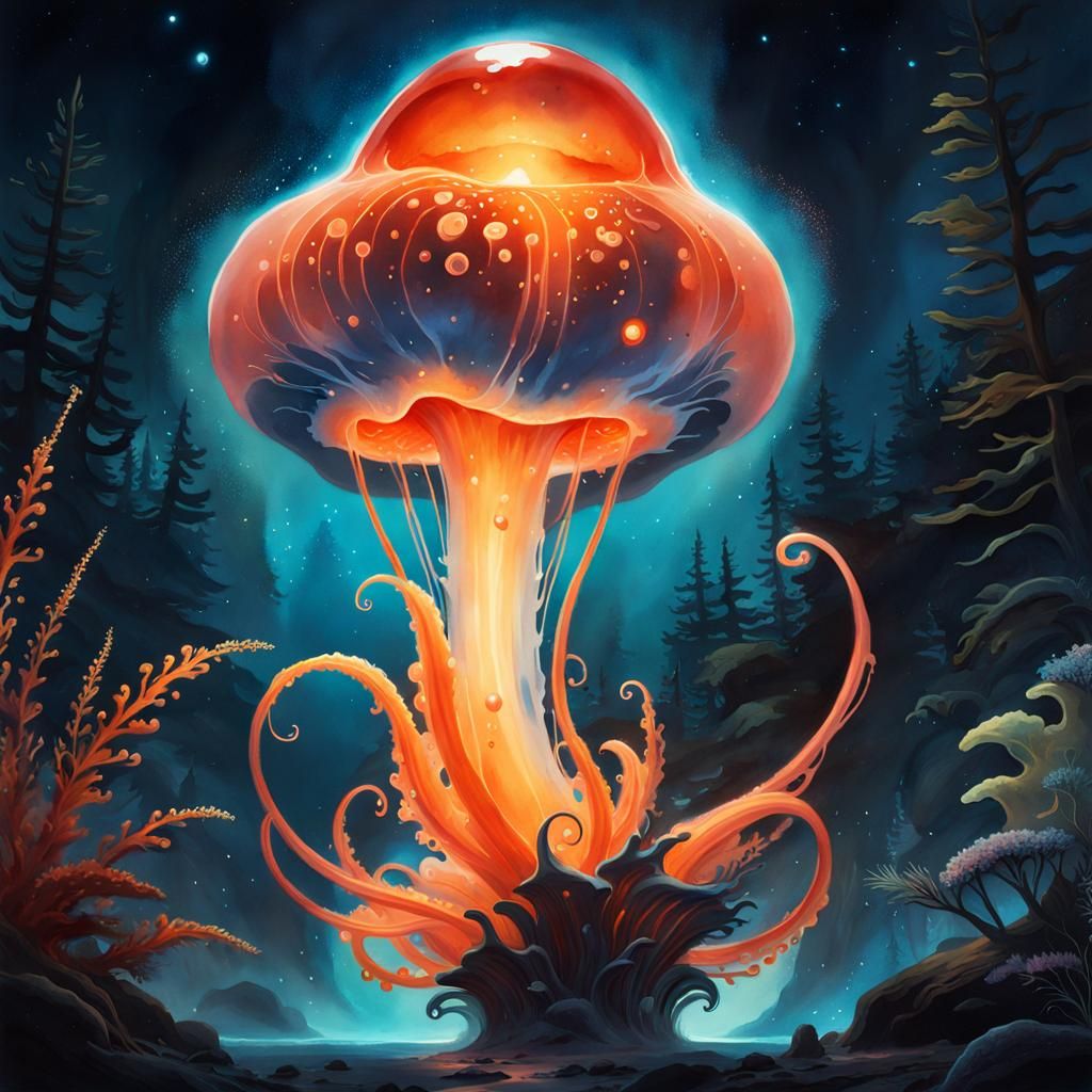 Bioluminescent Amoeba Watercolor Painting Character Design