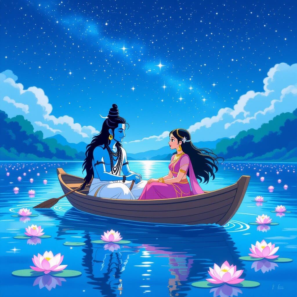 Shiva and Parvati Boating on Lake in Ghibli Style