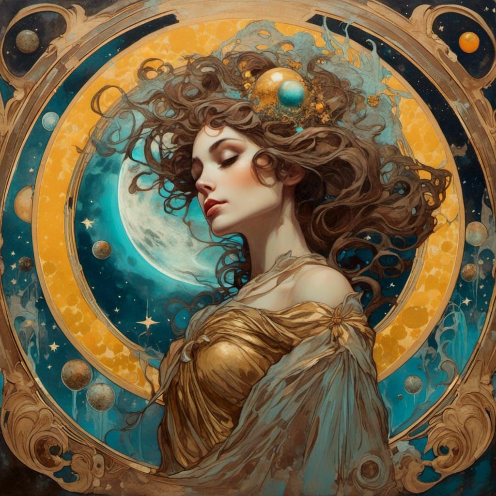 Moon Goddess Holding Comet in Art Nouveau Style