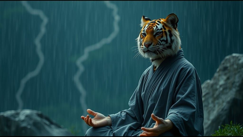 Mystical Tiger Monk Captured in Cinematic Stormy Scene