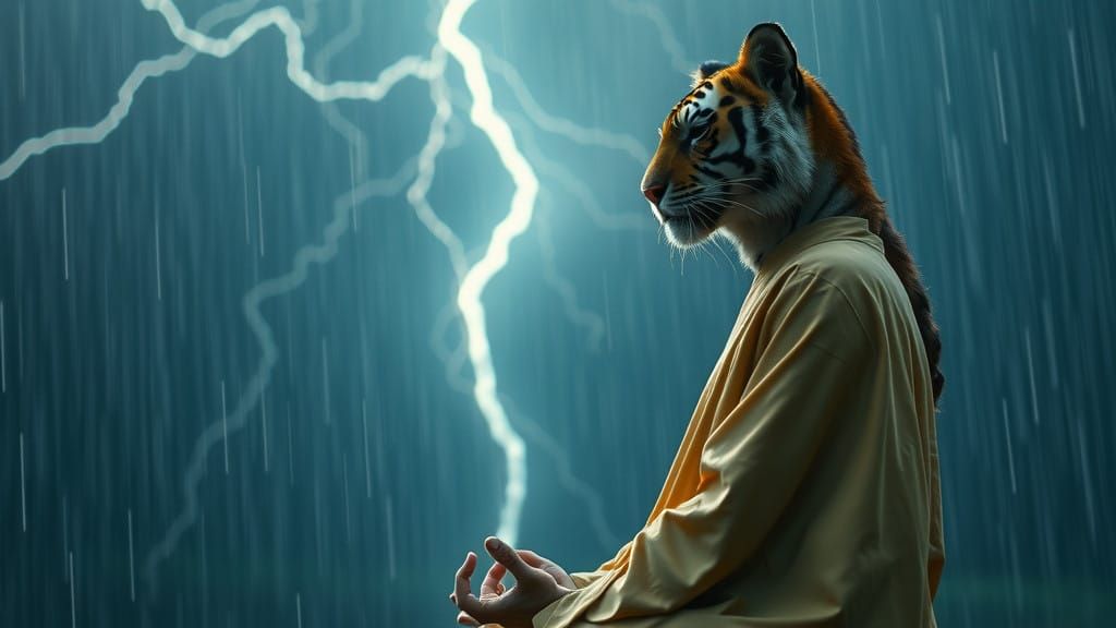 Mystical Tiger Monk in Stormy Landscape