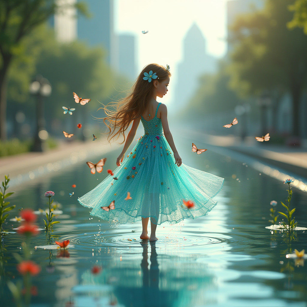 Ethereal Water Girl with Vibrant Parasol in a Serene Urban L...