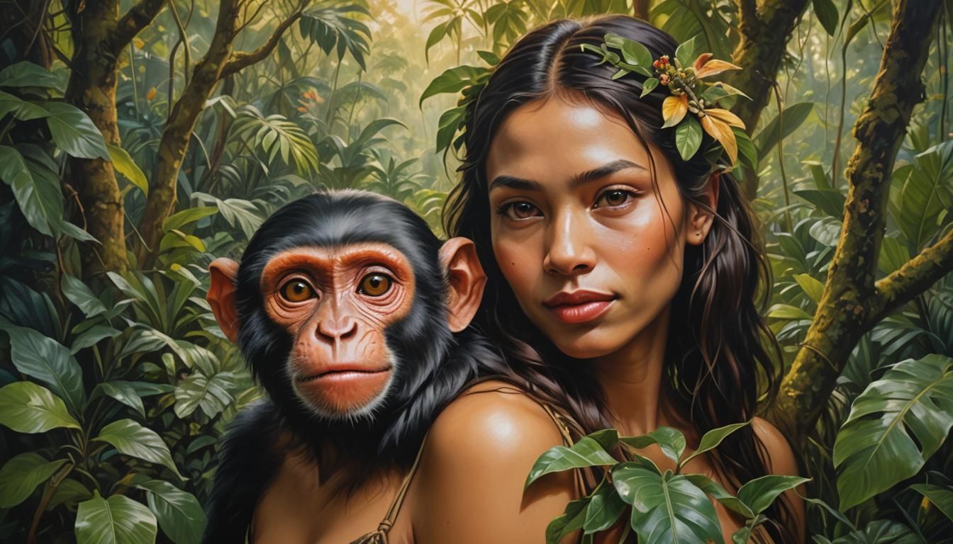 Surrealistic Portrait of a Shuar Lady with a Monkey in a Jun...