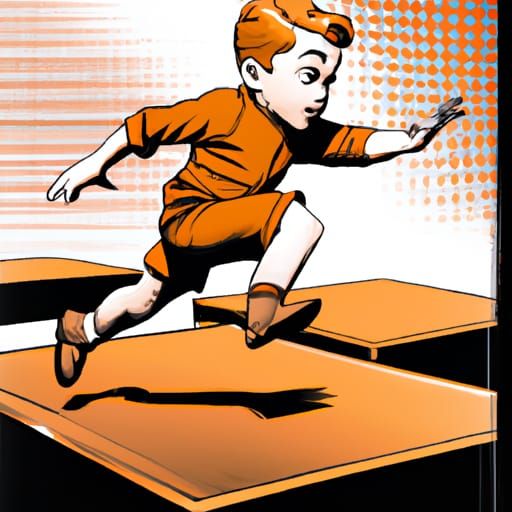 Boy Leaping on Copper Bricks in Retro Comic Style