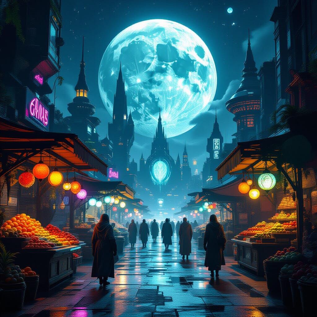 Highly creative. A bustling marketplace on a gas giant's moo...