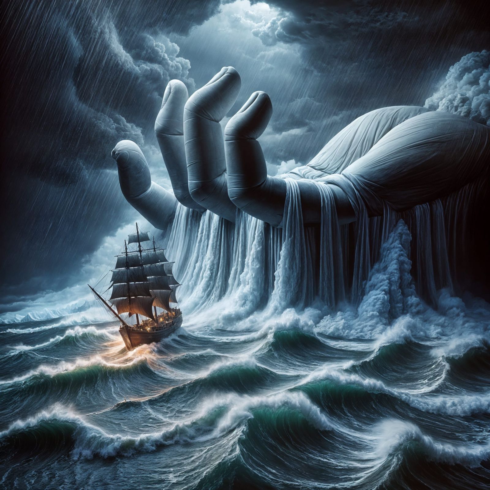 Ship Bravely Navigates Stormy Sea in Dramatic, Dark Lighting