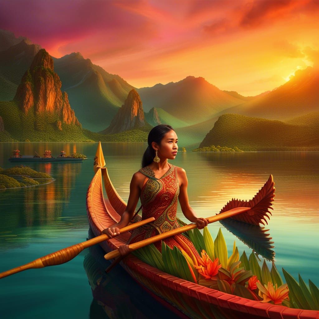 Cambodian Woman in Dragon Boat at Sunset