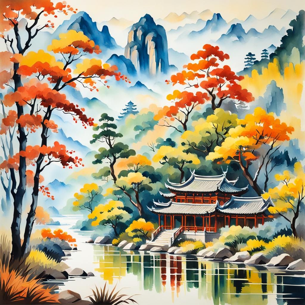 Chinese Landscape in Gouache Watercolor Style