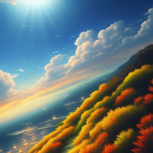 Anime Style Sun, Sky, and Ocean Scene