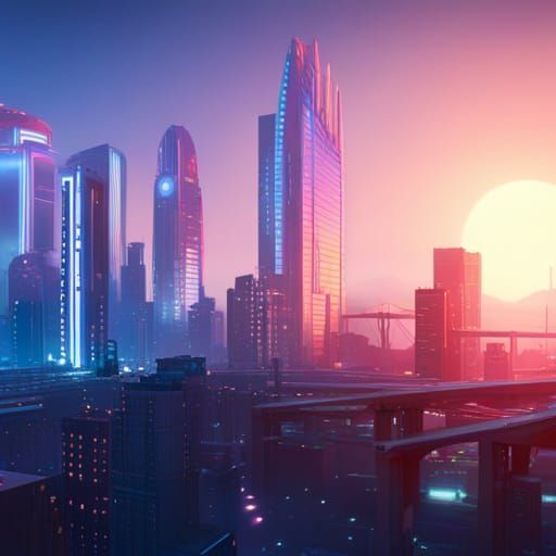 Futuristic Cityscape at Dawn in Retro-Futuristic Style
