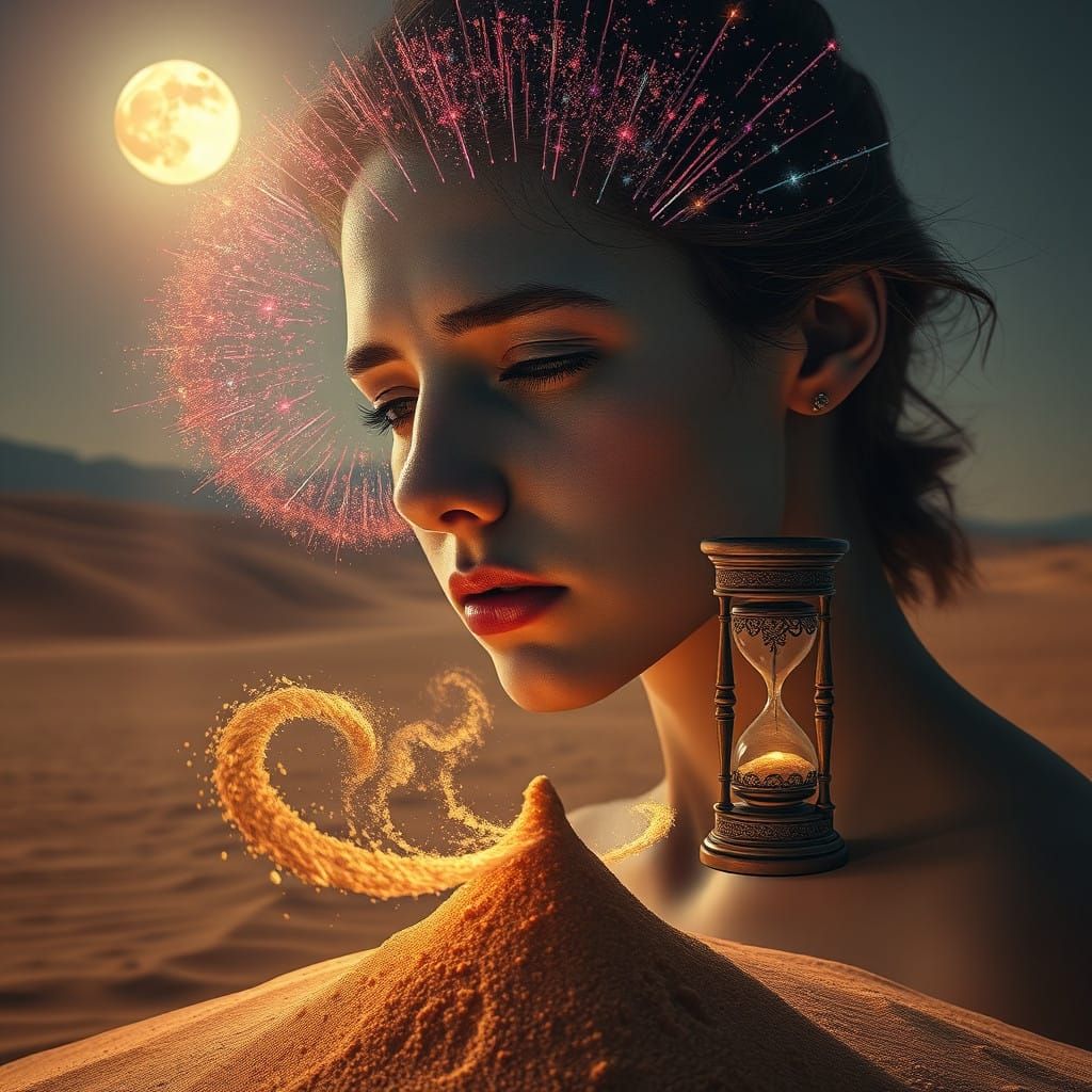 Ethereal Desert Goddess Lost in Moonlit Meteor Shower