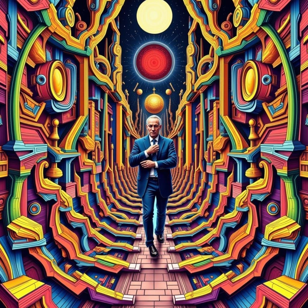 Man Trapped in a Vibrant Escher Maze