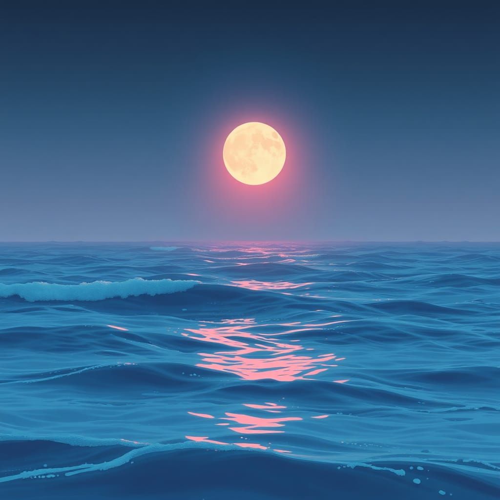 Serene Moonlit Ocean in Lo-fi Digital Art Style