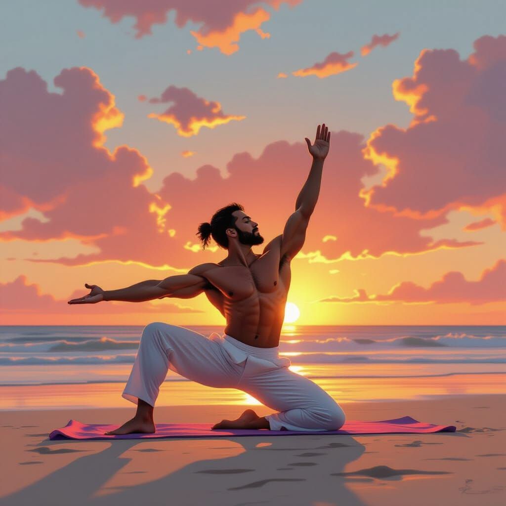 Man Performing Sun Salutation at Ethereal Sunrise