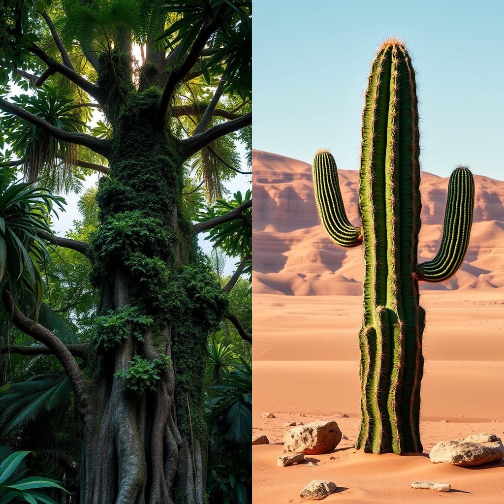 Jungle Tree and Desert Cactus: A Split Image