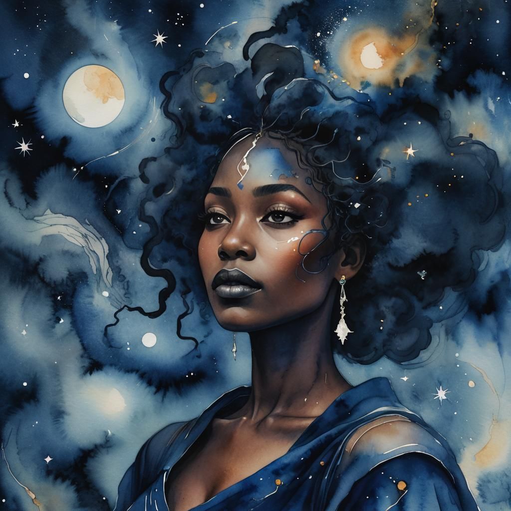 Night Goddess Portrait in Ethereal Watercolor Style