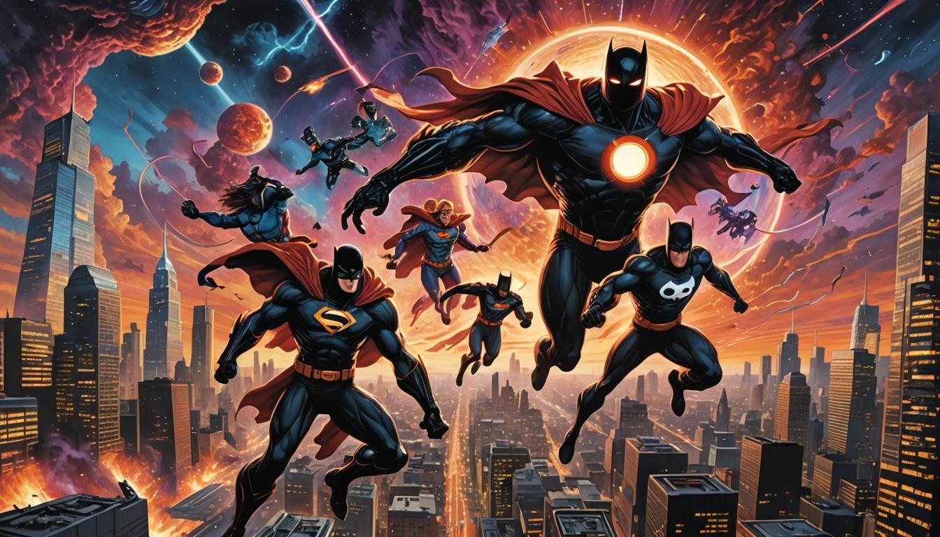 Epic 80s Cityscape with Superheroes and Black Hole