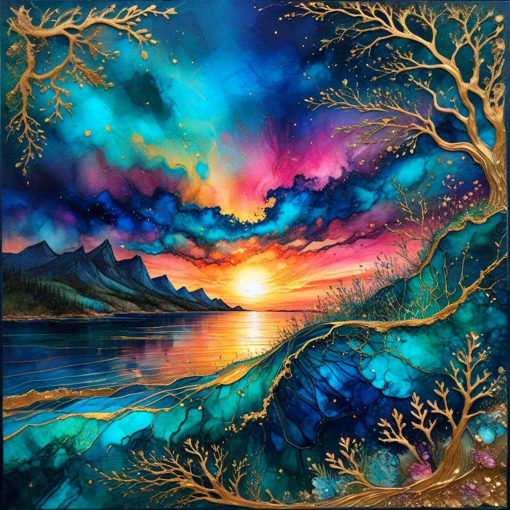 Surreal Sunset Seascape in Metallic Gold and Ethereal Colors