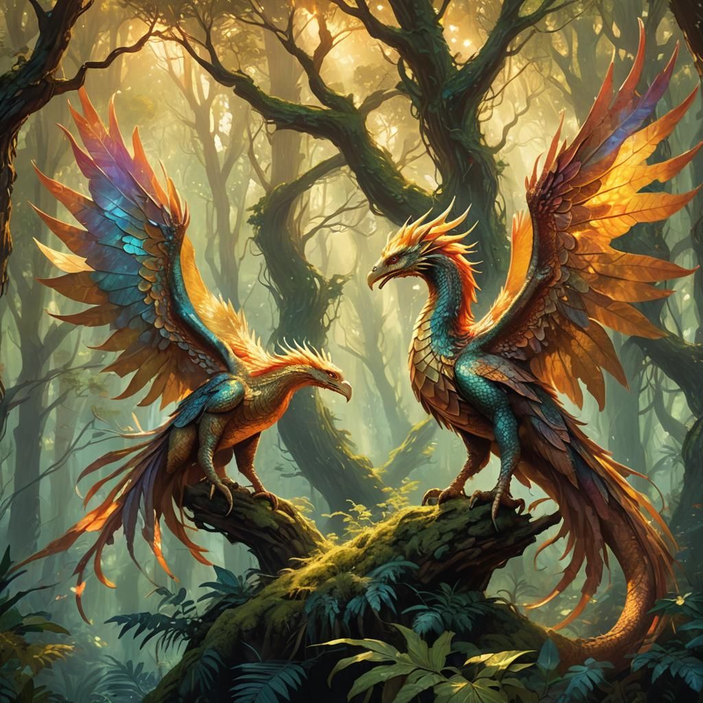 Dragon and Phoenix in Mystical Forest