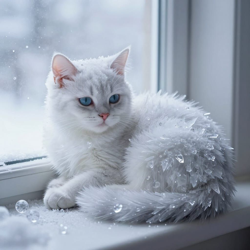 Snowflake Cat Resting on Windowsill in Ethereal Fantasy Styl...