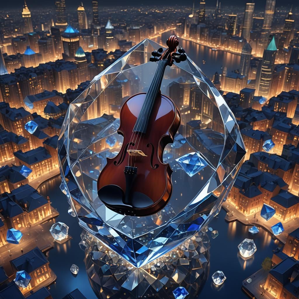 Glass Diamond Violin in Blue Cityscape