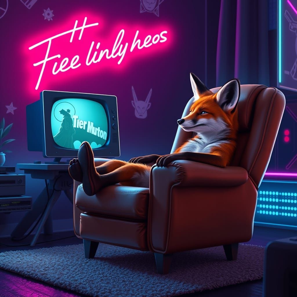A fox relaxes in a recliner and watches TV with a mix of Tim Burton's dark whimsy, Syd Mead's neon futuristic glow, and ...