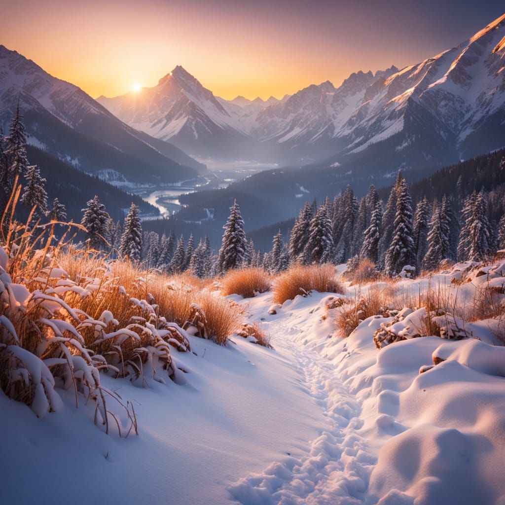 Sunlit Snowy Mountain Peaks in Golden Hour