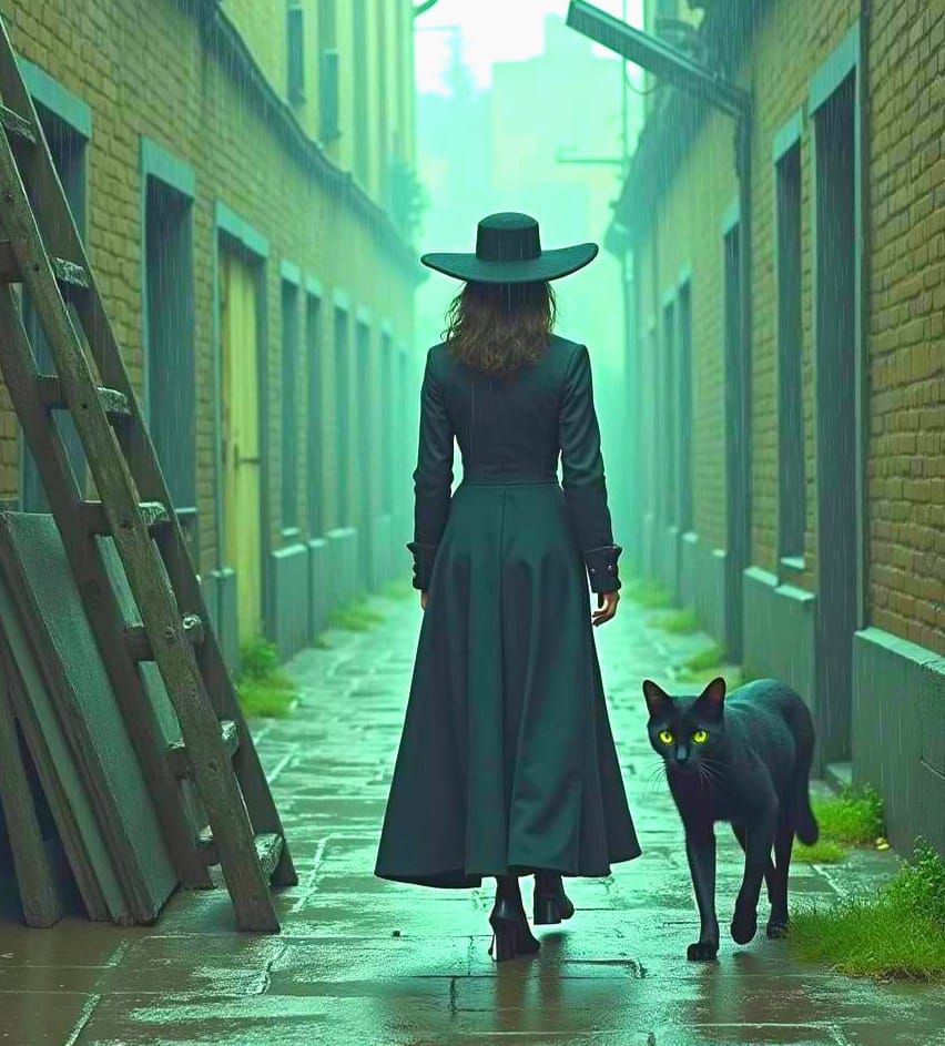 Unlucky Woman Under Ladder With Black Cat