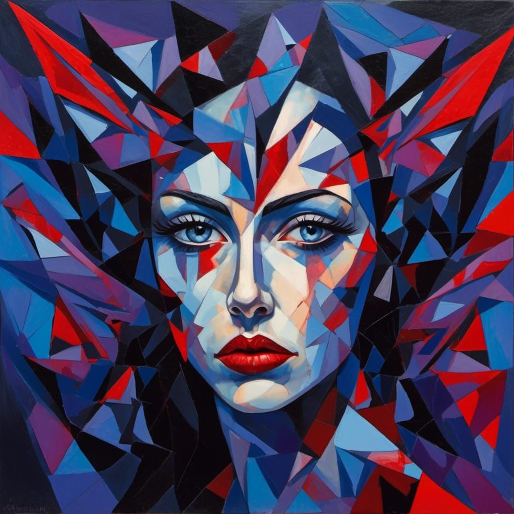 Gothic Cubism: Geometric Woman with Fragmented Wings