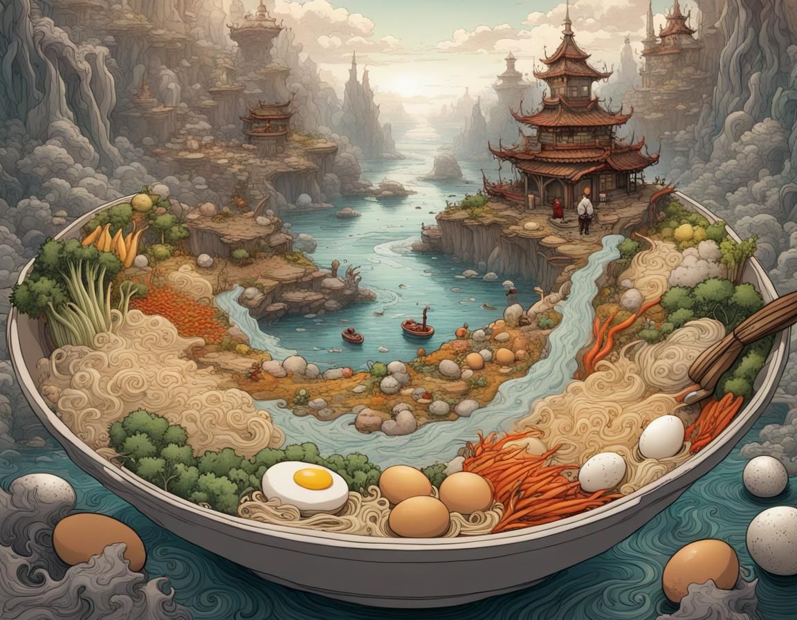 Ramen Bowl Landscape: Intricate Fantasy Illustration