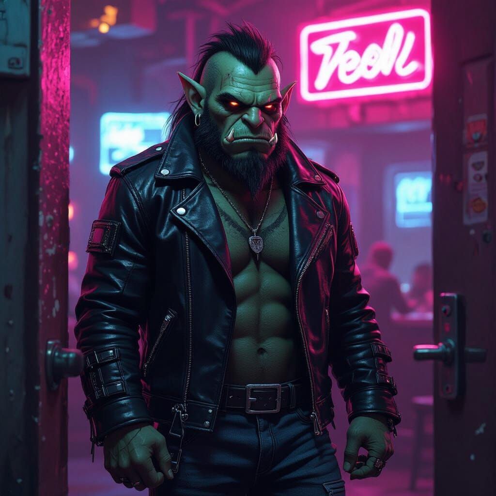 Cyberpunk Troll Bouncer at Bar Entrance