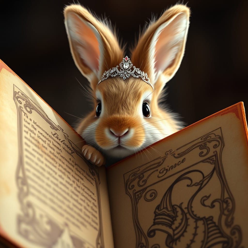 Whimsical Bunny Peeks from Vintage Book with Tiara