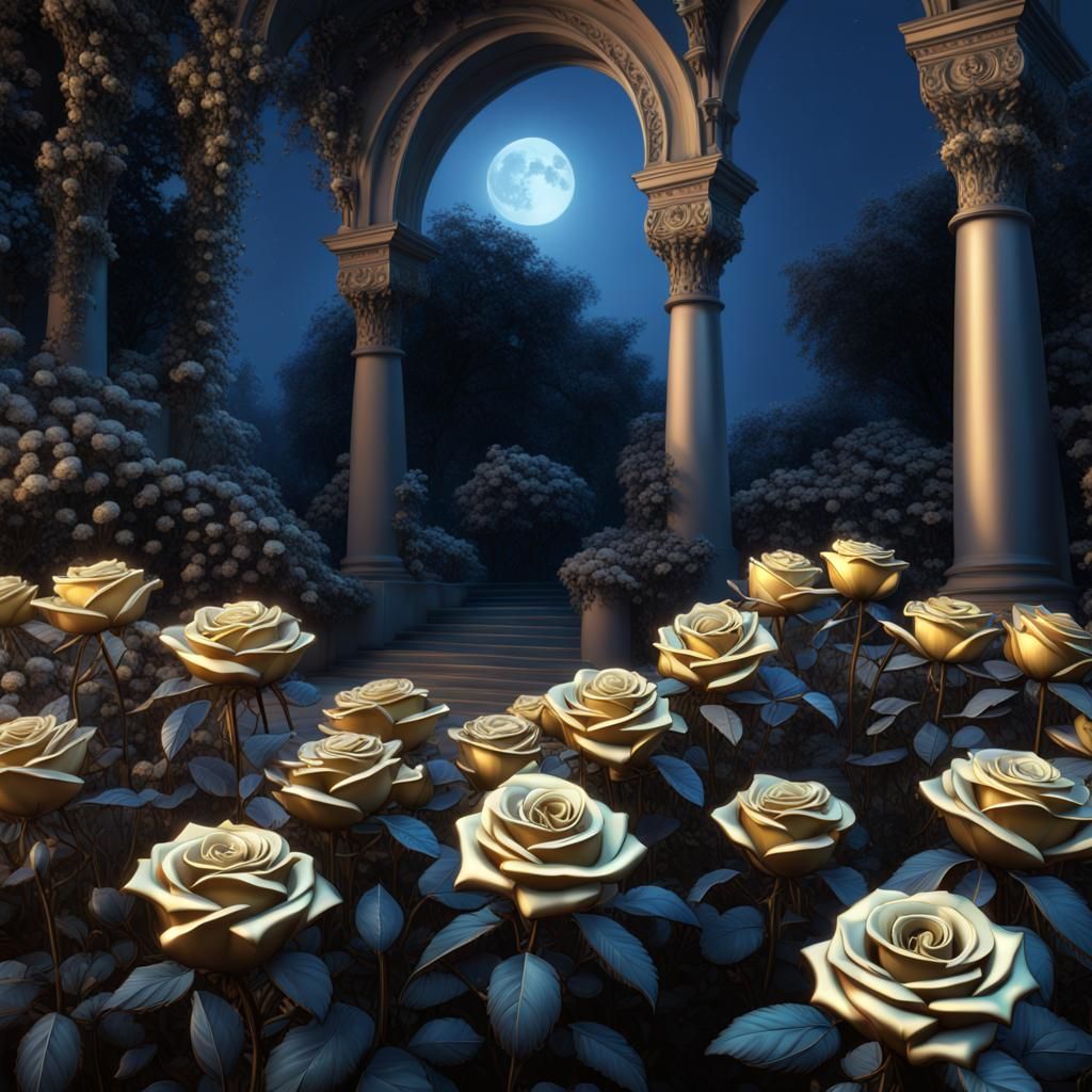 Moonlit Platinum and Gold Roses: Detailed Digital Illustrati...