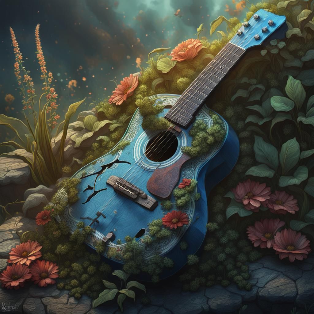 Floral Guitar: Detailed Matte Painting in 8K