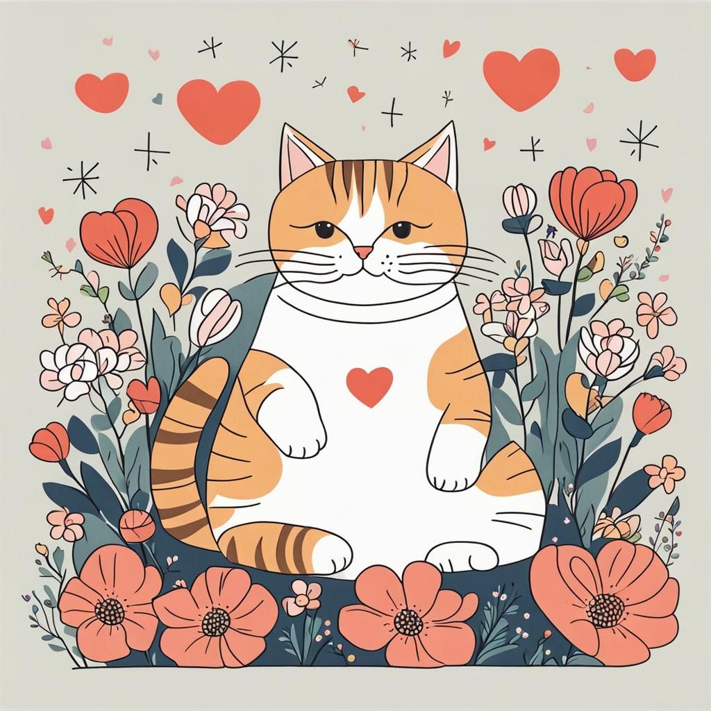 Cute Cat with Flowers in Cheerful Cartoon Style