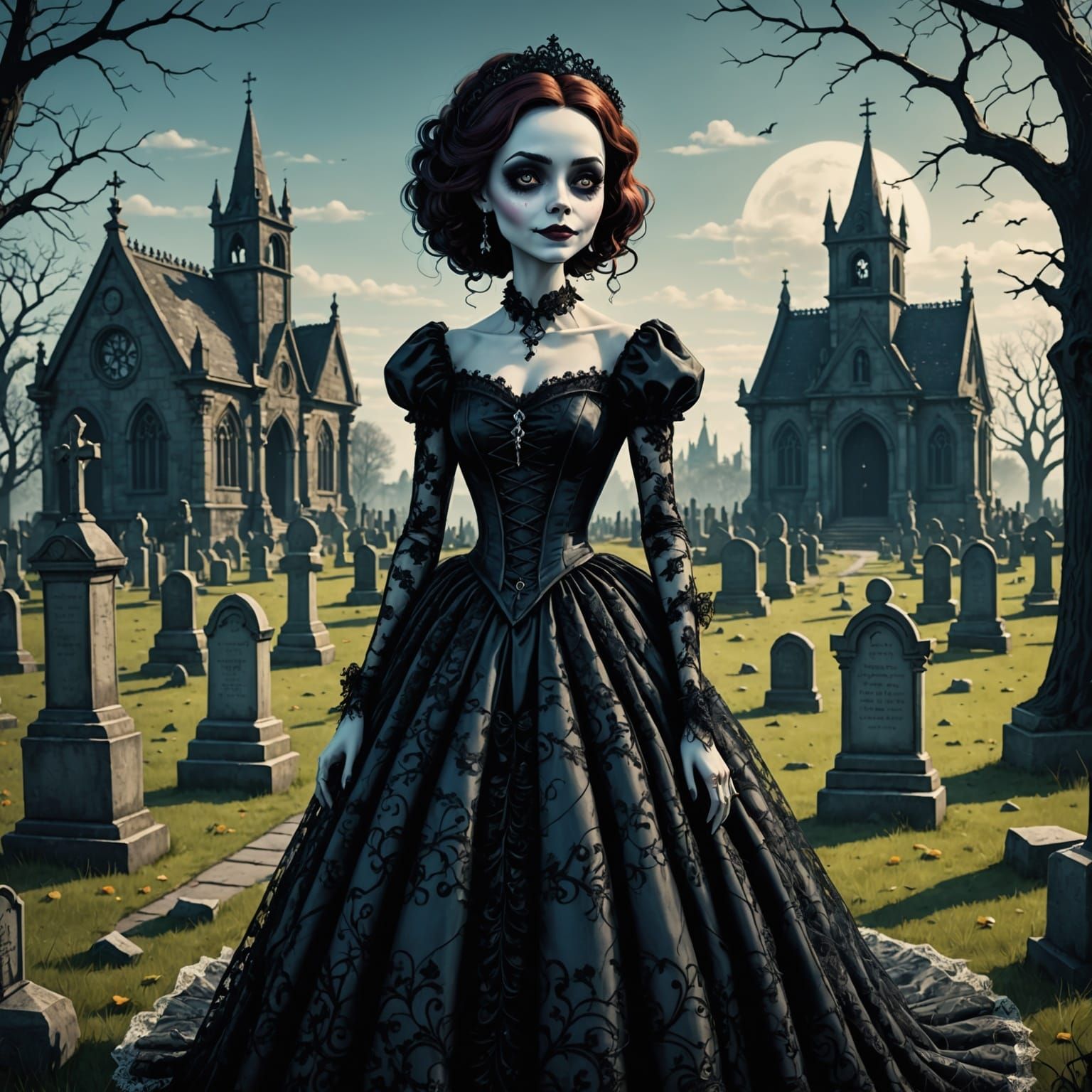 Gothic Woman Smiles in Cemetery Cartoon