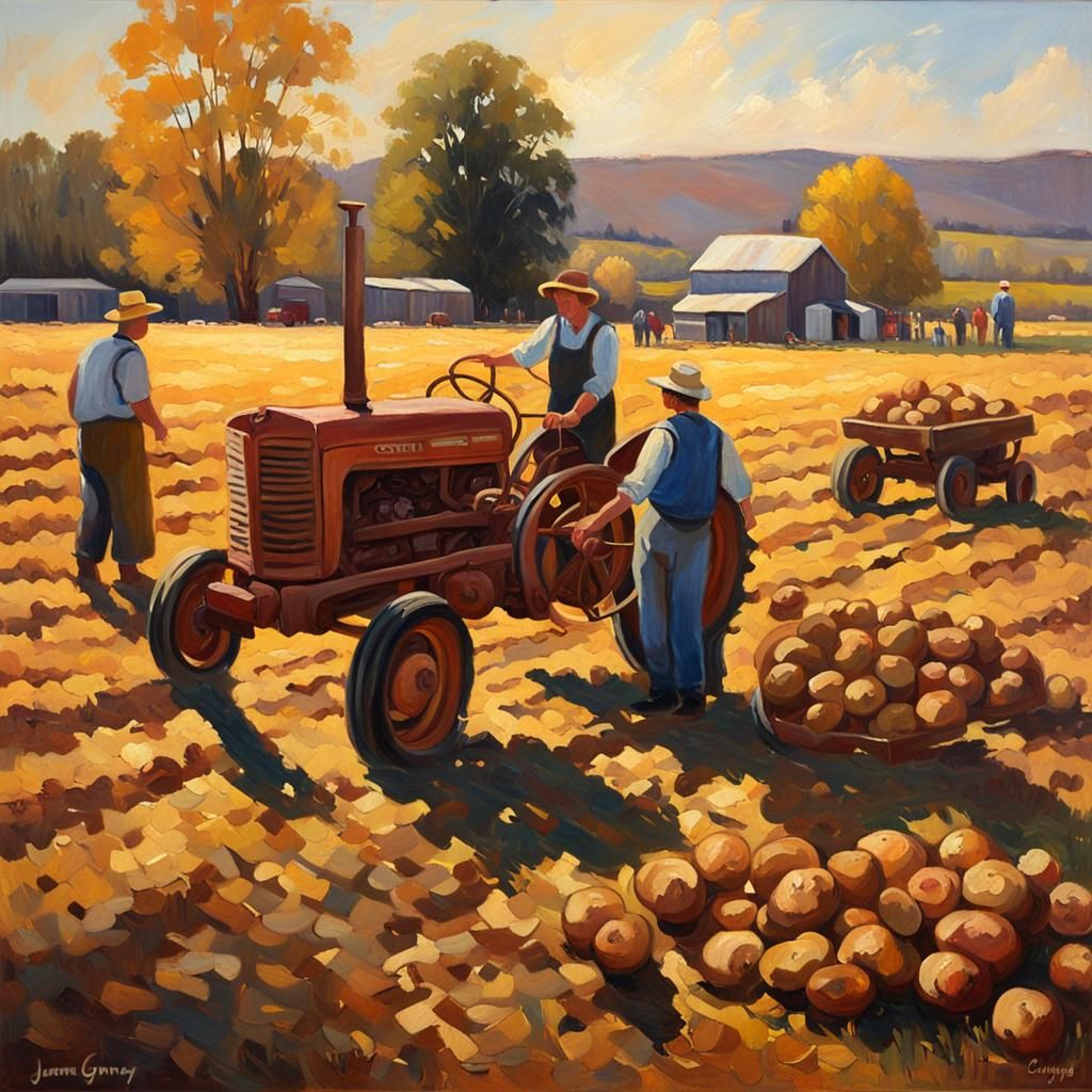 Impressionist Potato Harvest in Golden Light