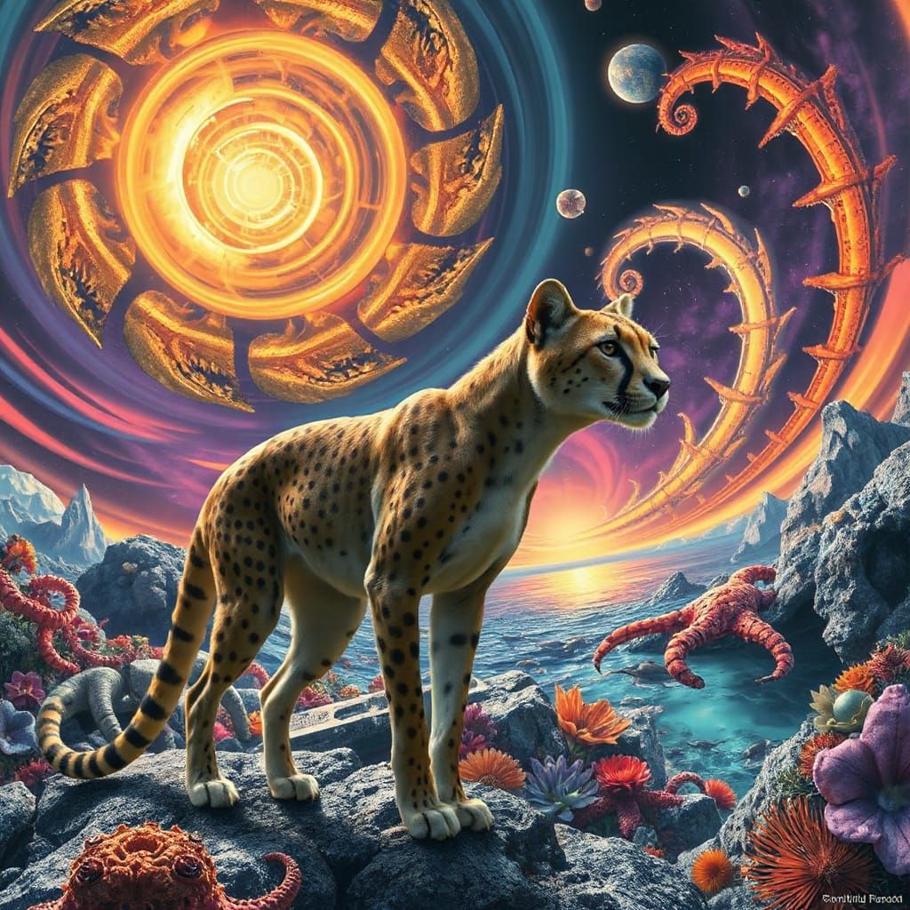 Bio-Mechanical Cheetah Under Neon Sky