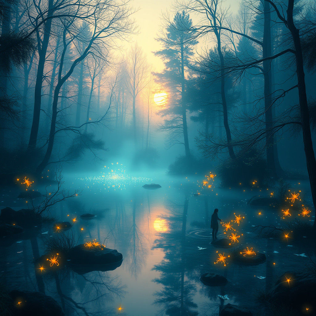 Mystical Forest Lake with Fireflies: Digital Art