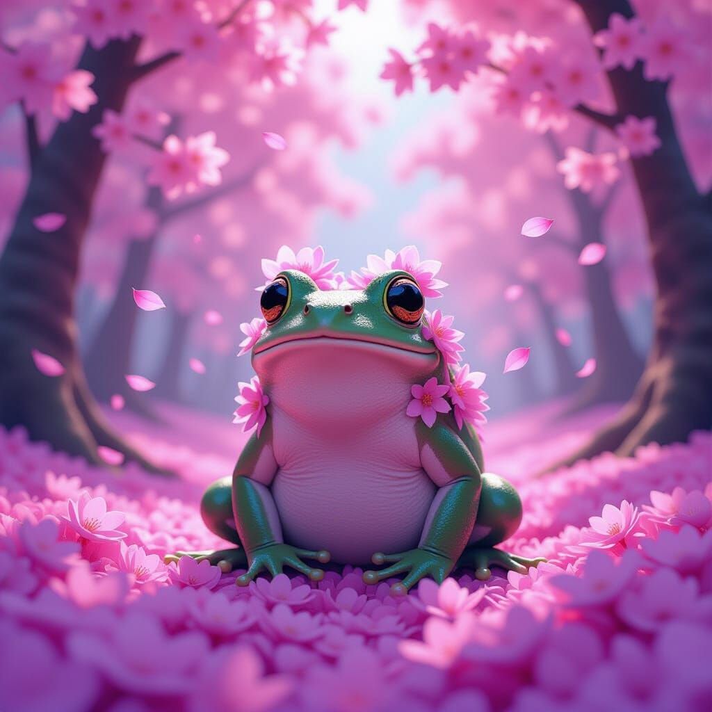 Whimsical Frog Amidst Cherry Blossoms in Digital Matte Paint...