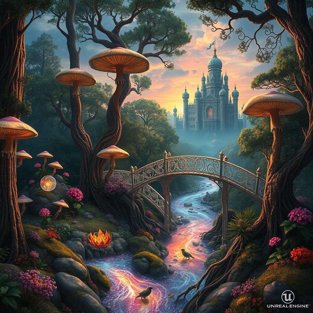 Dreamlike Wonderland Teeming with Vibrant Flora and Fauna in...