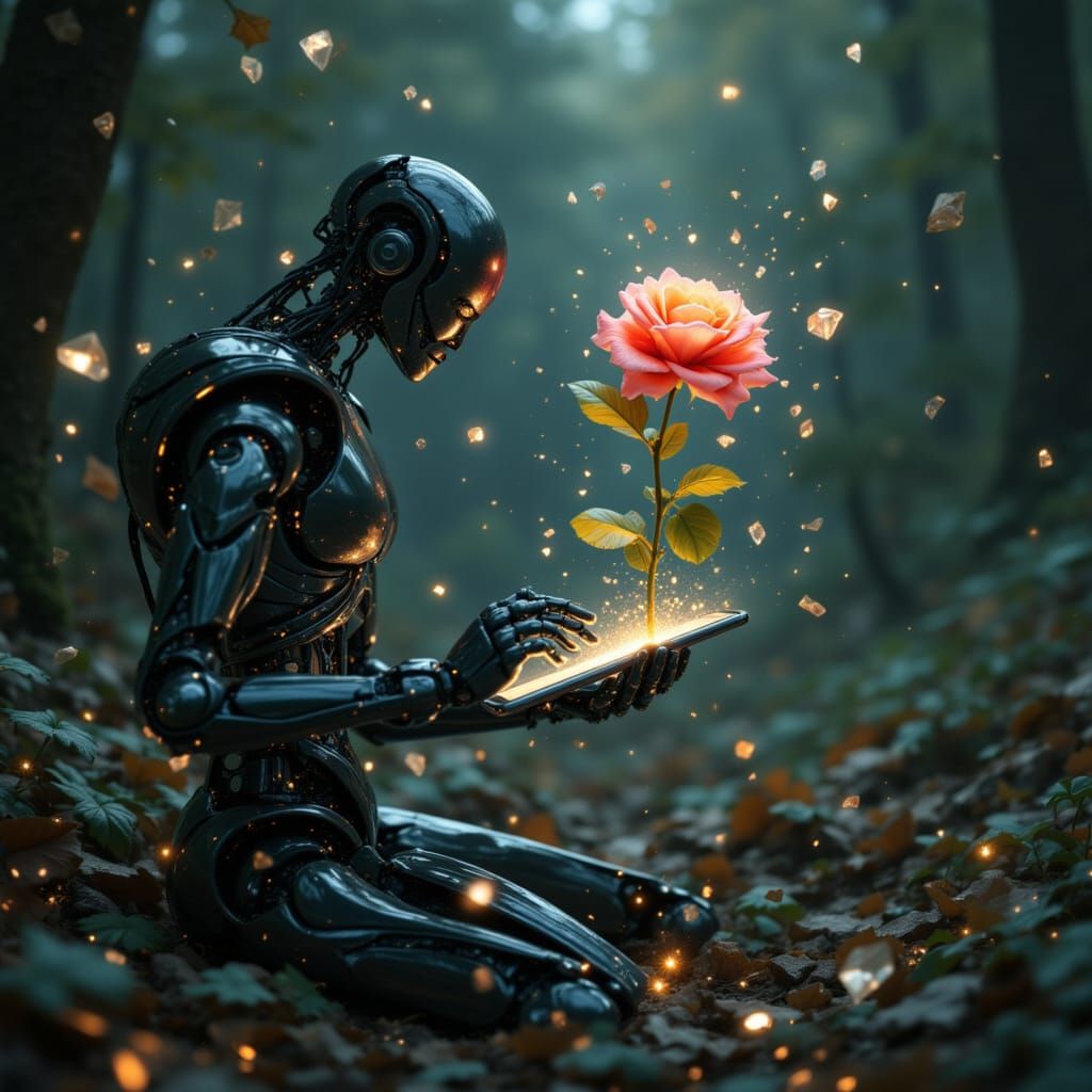 Robot Nurtures Sapling in Crystalline Cinematic Style