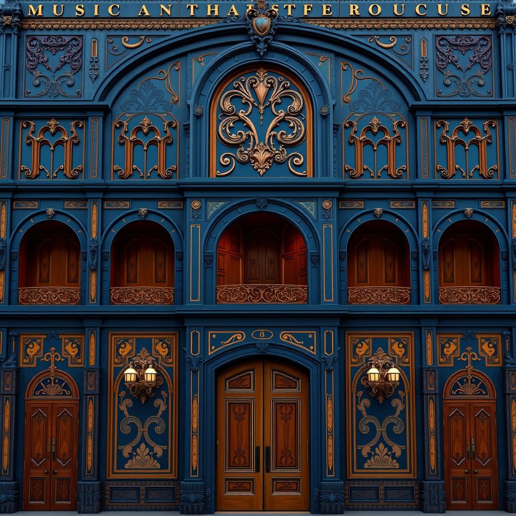Opulent Art Deco Musical Amphitheater in Royal Blue and Warm...